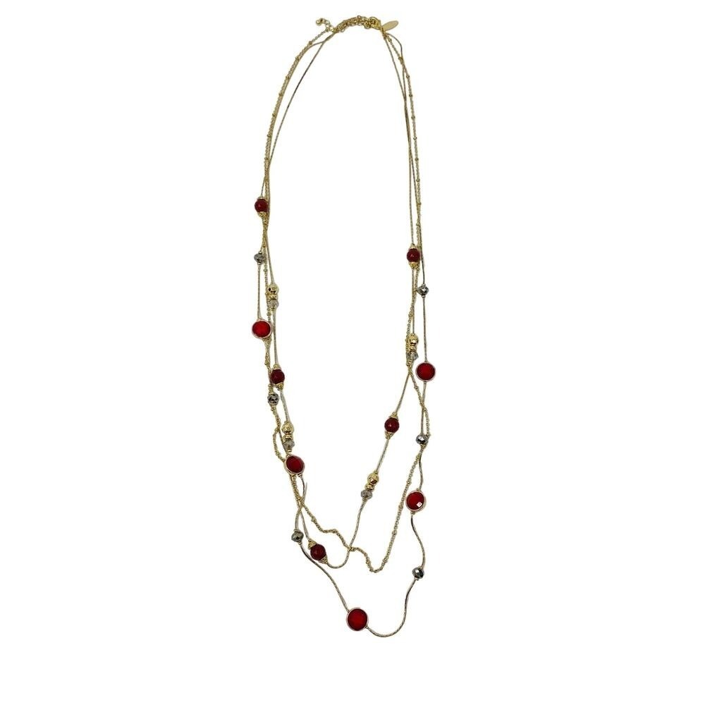 NY Woman's Long Red Gem Stones And Beads Gold Tone Necklace Fashion Jewelry